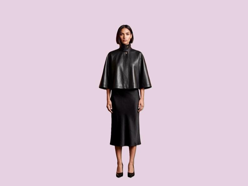 Black Sheepskin Leather Cape Jacket, High Neck Poncho, Red Satin Lining, Minimalist Cloak image 1