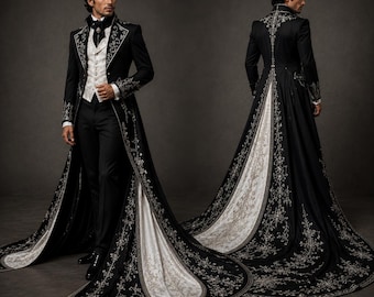 Custom Men’s Avant-Garde Victorian Tailcoat Suit with Cathedral Train, Gothic Groom Tuxedo, Wedding Couture Formal Wear