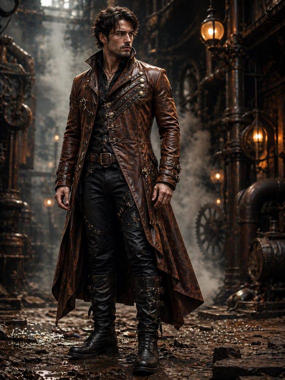 Steampunk Gothic Leather Trench Coat Men | Distressed Vintage Long Coat | Victorian Cyberpunk Jacket | Handmade Asymmetrical Duster Coat