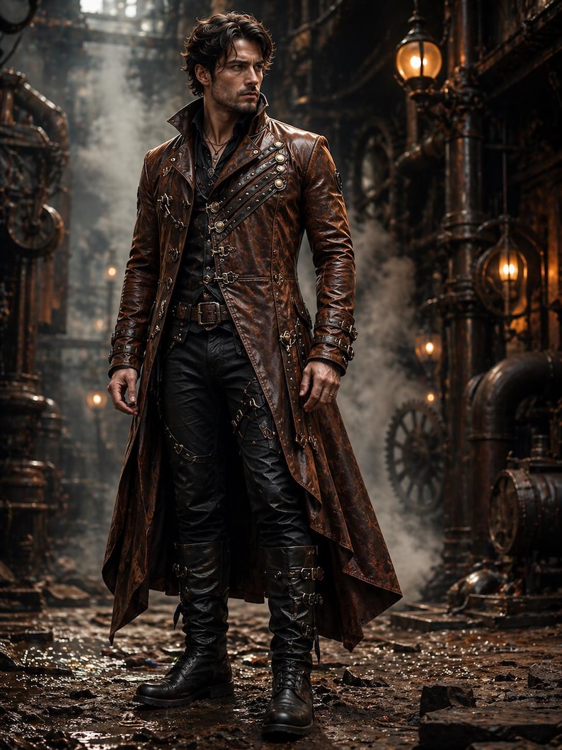 Steampunk Gothic Leather Trench Coat Men | Distressed Vintage Long Coat | Victorian Cyberpunk Jacket | Handmade Asymmetrical Duster Coat image 1