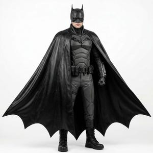May include: A highly detailed Batman action figure wearing a black cowl, a long flowing black cape, and a textured dark grey tactical suit with a utility belt. The figure features armoured chest plating, gauntlets, and black combat boots.