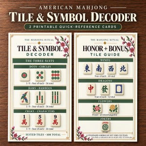 May include: Two printable American Mahjong quick-reference cards titled Tile & Symbol Decoder and Honor + Bonus Tile Guide. The cards feature cream backgrounds, dark green borders, and cherry blossom illustrations, detailing tile sets.