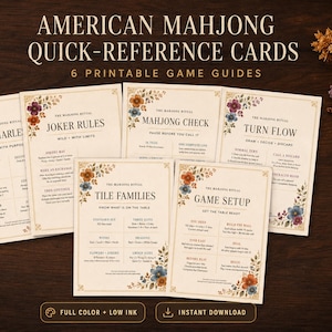 May include: Six American Mahjong quick-reference cards featuring game guides for The Charleston, Joker Rules, Mahjong Check, Turn Flow, Tile Families, and Game Setup. Each card has cream-colored paper with floral borders in orange, blue, and green.