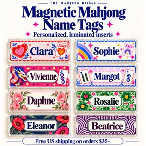 May include: Eight rectangular magnetic name tags with clear plastic frames and personalized laminated inserts. Designs include hearts, rainbows, dragons, mahjong tiles, roses, and geometric patterns with names Clara, Sophie, Vivienne, Margot, Daphne, Rosalie, Eleanor, and Beatrice.