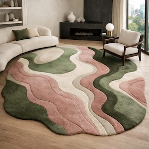 Abstract Rug, Green Pink Cream Tufted Area Rug with Wavy Irregular Shape