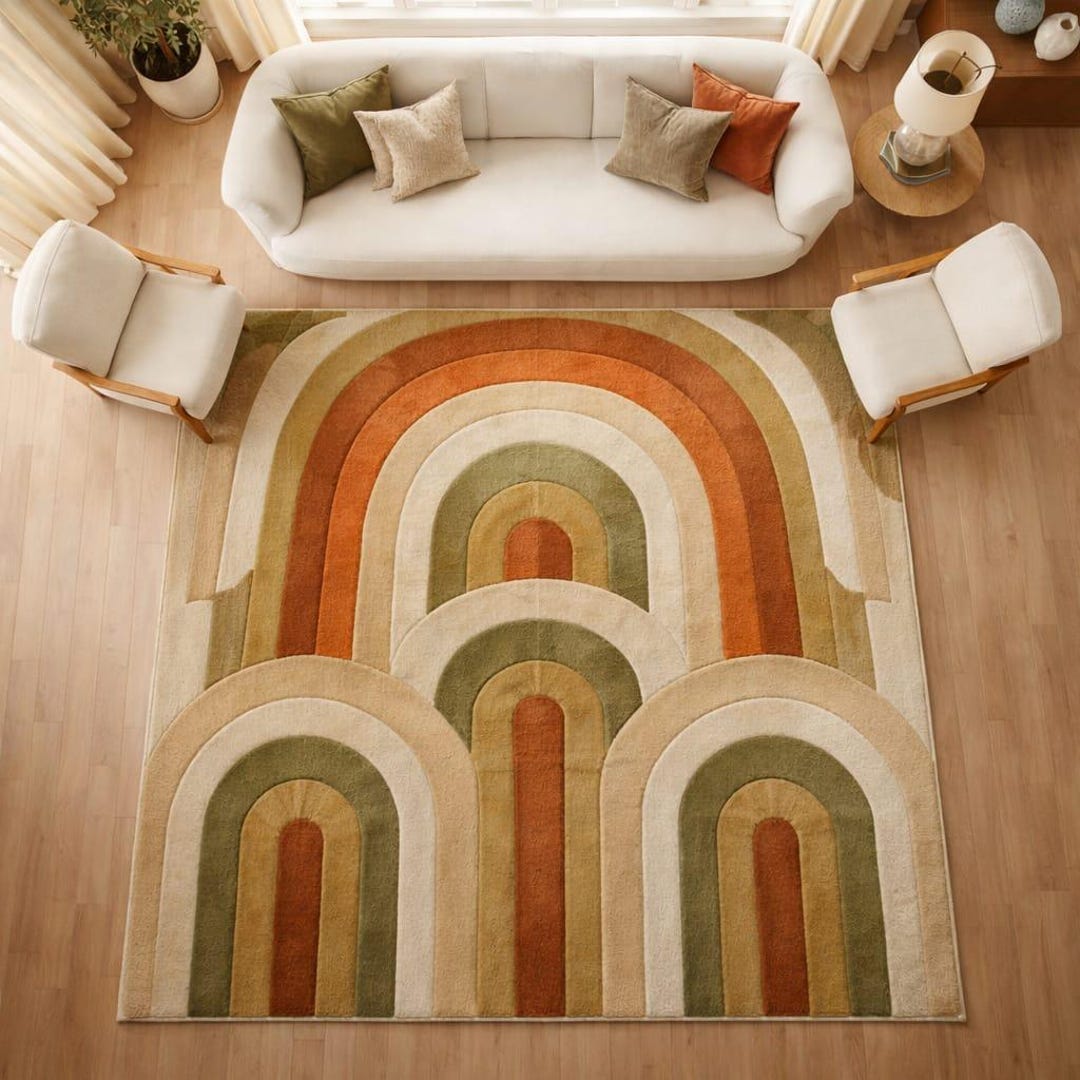 Retro Arch Pattern Rug, Mid Century Modern Boho Area Rug, Earth Tone ...