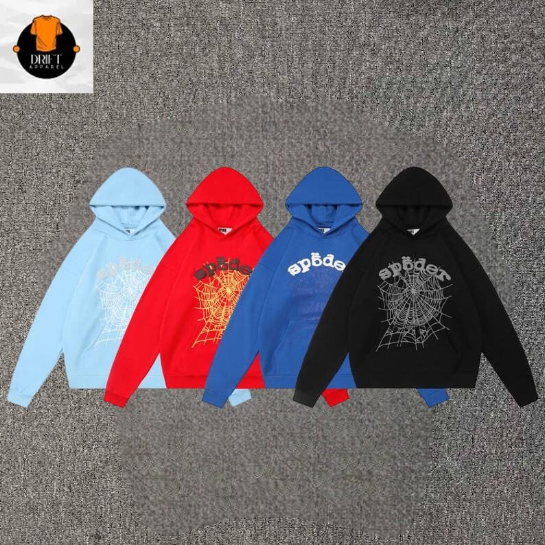 May include: Four hooded sweatshirts in light blue, red, blue, and black. Each hoodie features a white or yellow spiderweb graphic on the chest with the text "sp&ouml;der" printed above the web. The garments have long sleeves and a front kangaroo pocket.