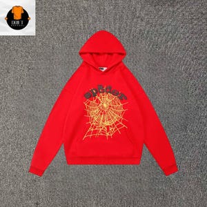 Sp5der Web Graphic Hoodie, Streetwear Pullover Hoodie Red