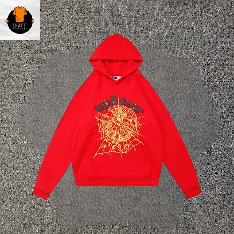 Sp5der Web Graphic Hoodie, Streetwear Pullover Hoodie Red