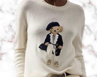 Suéter de punto con osito de peluche - Jersey de cuello redondo acogedor para mujer