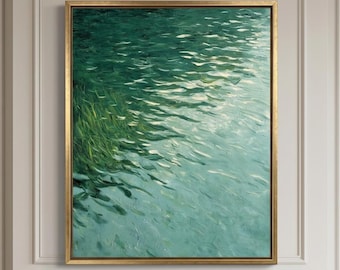 Arte mural verde esmeralda, pintura abstracta al agua, arte con pintura gruesa, decoración costera moderna, arte moderno francés para sala de estar.