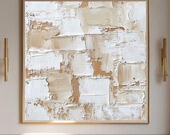 Art abstrait géométrique beige, empâtement lourd, peinture sur toile Wabi Sabi, art mural 3D texturé minimaliste neutre, décoration de salon