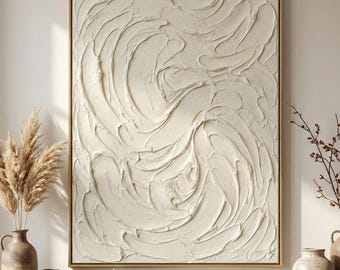 Cuadro de pared blanco y beige, pintura abstracta de gran formato con técnica de impasto en color crema, lienzo escultórico neutro, decoración minimalista orgánica, arte moderno para sala de estar.