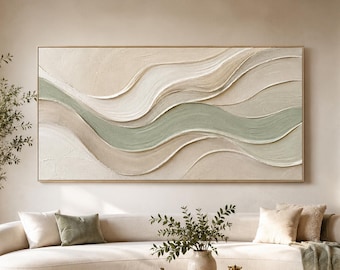 Puede incluir: Una gran pieza de arte mural rectangular con pinceladas gruesas y texturizadas en tonos crema, beige y verde salvia. La pintura muestra patrones horizontales y fluidos en forma de onda en toda la superficie del lienzo.
