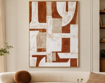 Mid Century Modern Wall Art, Terracotta Abstract Canvas, Geometric Bauhaus Painting, Earthy Boho Decor, Rust Orange Canvas Art
