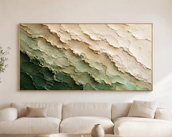 Puede incluir: Una gran pieza de arte mural rectangular que presenta una pintura al óleo con textura gruesa y un degradado de color que transita desde el verde bosque profundo a la izquierda hasta el crema claro y beige a la derecha, con un marco de madera fino.