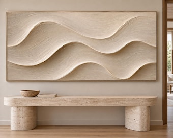 May include: A large rectangular wall art piece featuring a beige textured surface with three prominent horizontal wave patterns. The artwork is framed in a thin metallic border and displays visible brushstroke textures throughout the design.