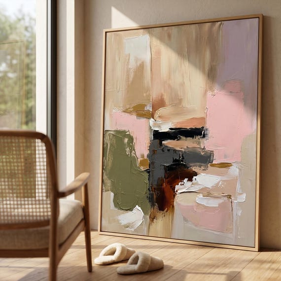 Blush Pink Olive Green Wall Art, Abstract Textured Painting, Thick Paint Canvas, Organic Modern Decor, Large Bedroom Wall Art