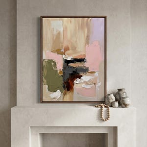 Puede incluir: Una pintura abstracta enmarcada que presenta pinceladas gruesas y texturizadas en una paleta de beige, rosa suave, verde oliva, blanco y negro intenso. La composici&oacute;n muestra bloques de color superpuestos con profundidad de pintura visible.