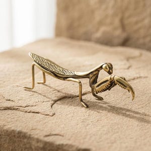 May include: A small, metallic, brass-colored figurine of a praying mantis. The insect sculpture features detailed, textured wings, slender legs, and a distinct head with large eyes, captured in a static, forward-leaning pose with its front claws.