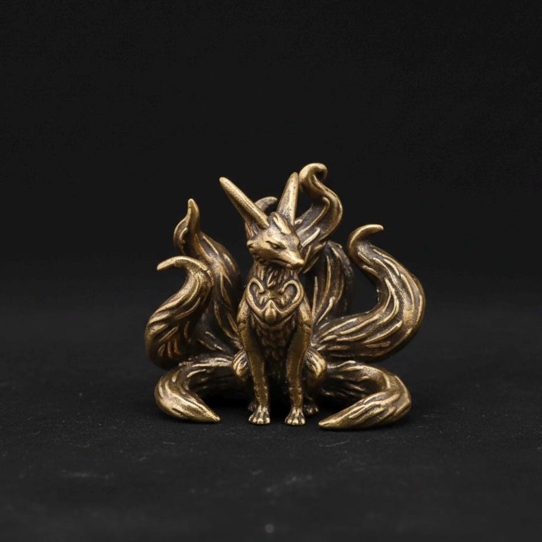 Mythical Seven Tailed Fox Brass Figurine, Kitsune Miniature Sculpture ...