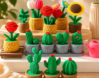 Mini 3D Printed Cactus Flower Decor Set, Desk Shelf Plant Accent