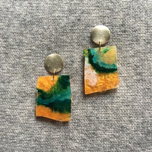 SEAN earrings, resin earrings, upcycled earrings, swirled earrings, avant garde earrings, sustainable, orange and teal