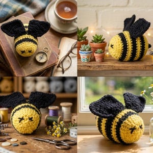May include: A crocheted bee with yellow and black stripes and black wings. The bee has stitched eyes and is displayed in multiple settings, including near books, plants, and sewing supplies. The handmade bee is a decorative item.