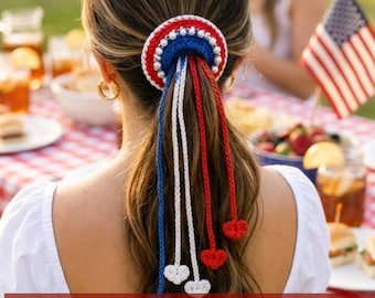 No Sew Patriotic Crochet Scrunchie Pattern PDF | 4th of July Hair Tie | Beginner Friendly | Quick Easy Heart Tassels Crochet Accessory