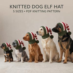 May include: A knitted dog elf hat PDF knitting pattern with 5 sizes. The hat features a green ribbed neck and a red and white striped pointed top with a green pom-pom at the end. The text KNITTED DOG ELF HAT 5 SIZES PDF KNITTING PATTERN is visible.