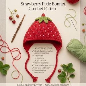 May include: A crochet pattern for a red strawberry pixie bonnet with a green leaf top and white seed details. The text reads Strawberry Pixie Bonnet Crochet Pattern and lists included instructions for three baby sizes, a tie tutorial, and construction.