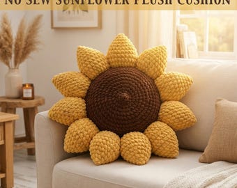 Patrón de ganchillo PDF para cojín de girasol de peluche sin coser / Cojín de flores fácil / Peluche de girasol de ganchillo / Patrón de decoración de flores para el hogar y la habitación infantil