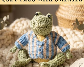 Patrón de muñeco de rana tejido a mano con cárdigan / Tutorial de tejido de rana verde amigurumi / Suéter de juguete de rana hecho a mano / Cárdigan Jellycat