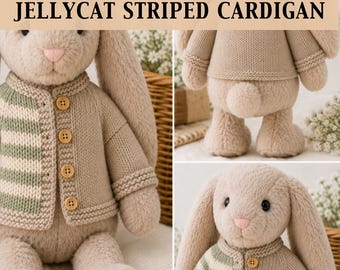 Patrón de punto personalizado para cárdigan de conejito Jellycat en PDF / Conjunto de ropa para muñeca / Suéter fácil para peluche, conjunto de cárdigan tipo jersey Jellycat personalizado
