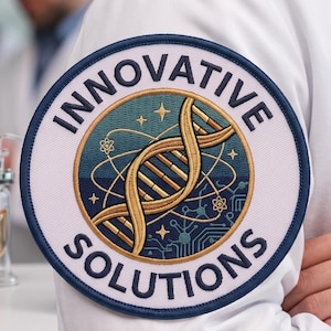 May include: A circular embroidered patch on a white garment featuring the text "INNOVATIVE SOLUTIONS" in dark blue. The center displays a gold DNA double helix over a teal and dark blue gradient background with atomic and circuit board patterns.
