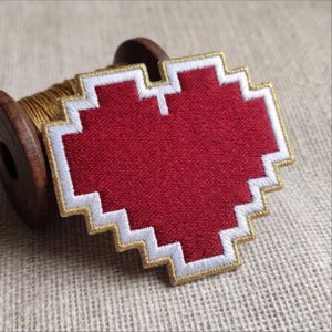 Pixel Heart Patch, Cute Iron On Retro Gaming 8 Bit Red Love Embroidered Badge