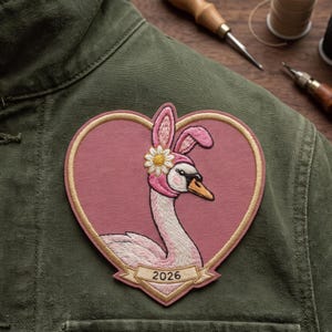May include: A heart-shaped embroidered patch featuring a swan wearing pink bunny ears and a white daisy flower. The swan has a light pink neck and body with an orange beak. A banner at the bottom displays the year 2026 in black text.