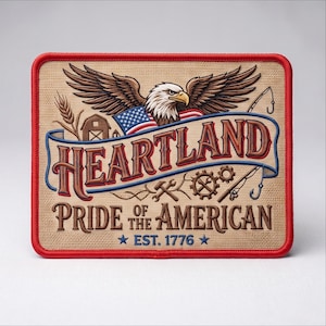 May include: A rectangular embroidered patch with a red border on a tan background. It features a bald eagle, a barn, wheat, a fishing rod, and gears. The text reads HEARTLAND PRIDE OF THE AMERICAN EST. 1776, with a small American flag graphic.