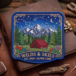 Wilds Skies Est Custom Alpine Camp Patch, Iron On Mountain Adventure Camping Badge