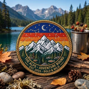 The Alps Adventure Bound Patch, Iron On Mountain Forest Camping Embroidered Badge