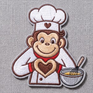 May include: An embroidered patch featuring a brown monkey wearing a white chef hat and uniform. The monkey holds a brown heart shape with both hands and stands next to a silver mixing bowl containing a yellow substance and a black wire whisk.