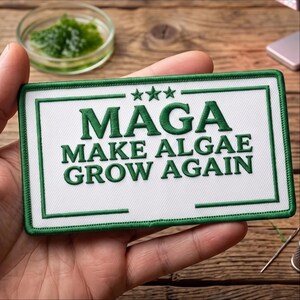 May include: A rectangular embroidered patch with a white background and a dark green border. The text reads MAGA MAKE ALGAE GROW AGAIN in dark green capital letters, with three small dark green stars centered above the word MAGA.