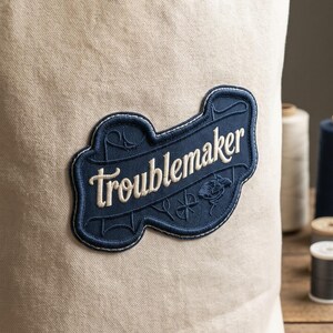 Embroidered Troublemaker Patch Blue White Iron On Sassy Letter Word Text Badge
