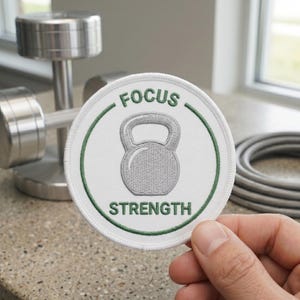 May include: A round, white patch with a green border and the words "FOCUS" and "STRENGTH" in green. A gray kettlebell is in the center. A hand holds the patch, with a dumbbell in the background.