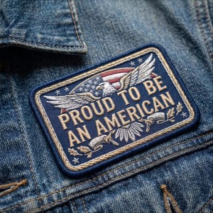 May include: A rectangular embroidered patch attached to a blue denim fabric. The patch features a white eagle with spread wings, a partial American flag, and the text PROUD TO BE AN AMERICAN in gold lettering, all bordered by a tan rope-style trim.
