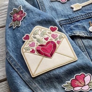 Love Letter Patch, Iron On Cream Envelope Gem Heart Botanical Embroidered Badge