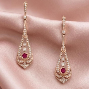 Art-deco robijnrode oorbellen, 925 sterlingzilver, 14 kt geelgoud verguld, vintage stijl hangoorbellen, juli geboortesteen sieraden.