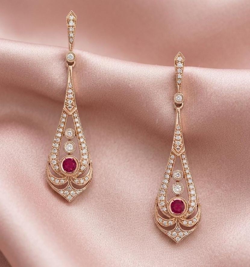Art Deco Ruby Drop Earrings, 925 Sterling Silver, 14K Yellow Gold Plated, Vintage Style Dangle Earrings, July Birthstone Jewellery.