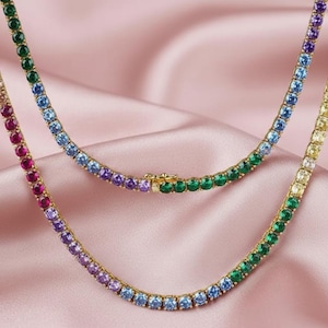 Multi Color Tennis Necklace ,925 Sterling Silver , 14K Gold Plated , Simulated Gemstone Necklace , Rainbow Jewelry Gift