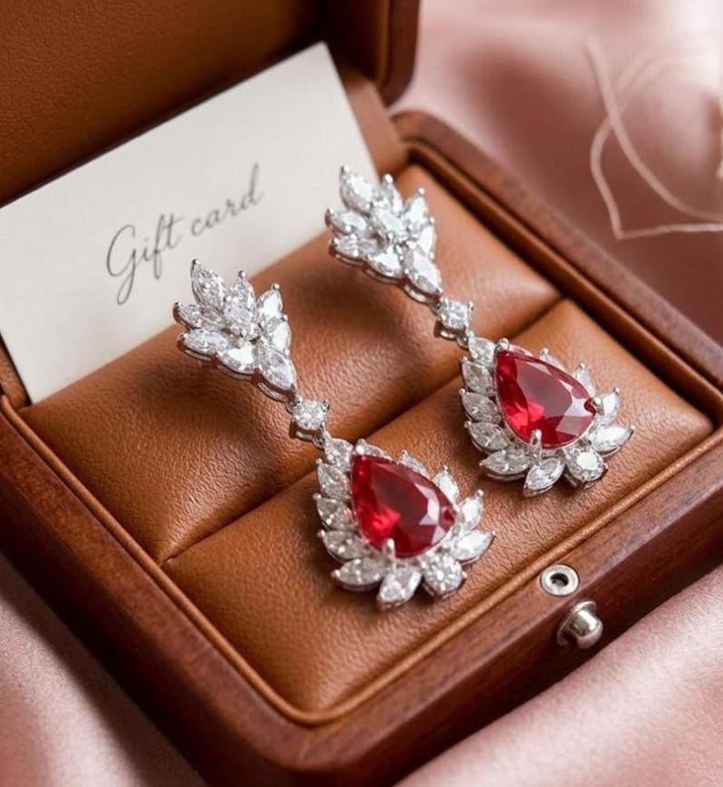 Ruby Drop Earrings, Pear Cut Ruby Earrings, 925 Sterling Silver, 14K White Gold Plated, Bridal Earrings, Wedding Jewellery, Gift for Her image 4